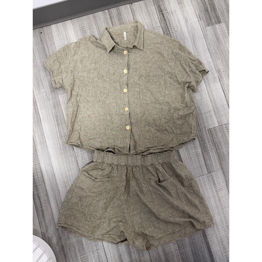 Rylee & Cru Women’s Linen Blend Short Sleeve Shirt And Short Set Size Large